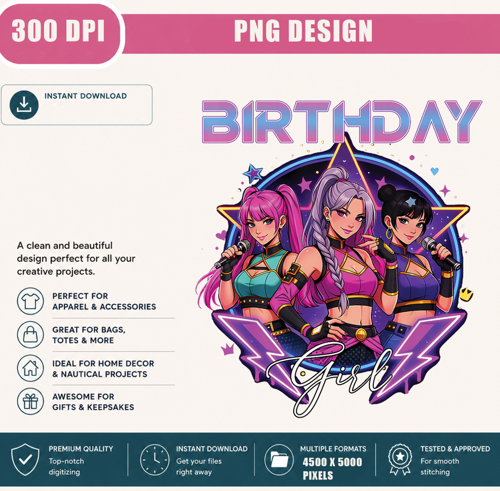Birthday Girl PNG, Cute Kawaii Chibi Pop Star, Birthday Party Shirt Design, Anime Style Sublimation, Printable PNG Digital Download  Từ khóa SEO chính