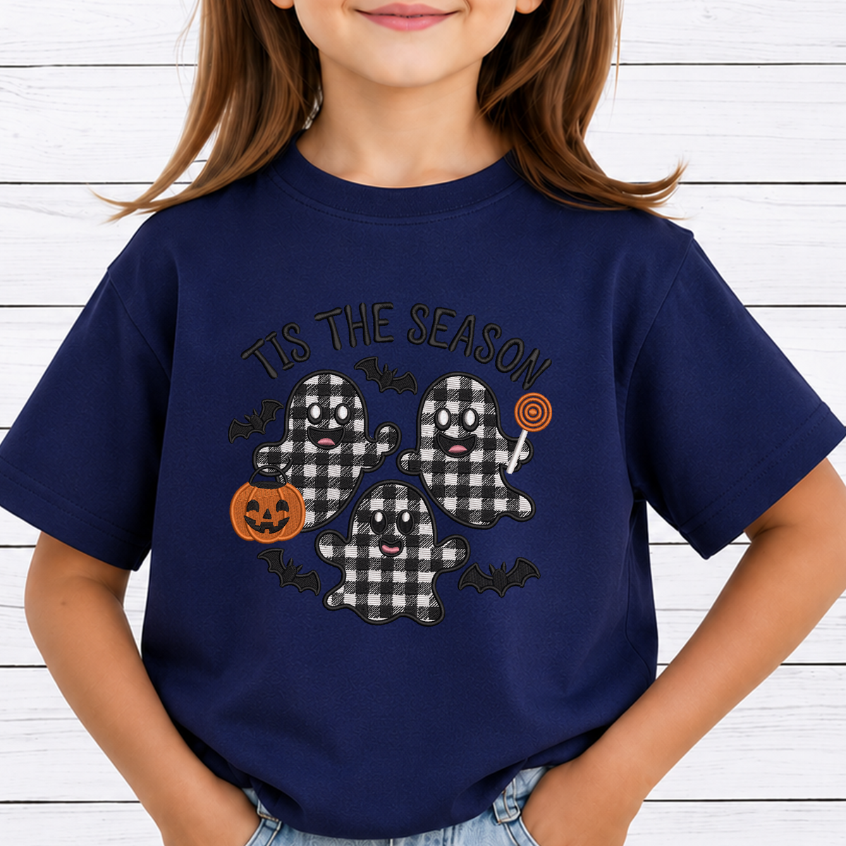 Tis The Season Plaid Ghost Machine Embroidery Design - Buffalo Plaid Halloween Digital File (4in, 5in, 7in, 9in) - EMB, DST, JEF, EXP, PES, VP3, HUS, XXX