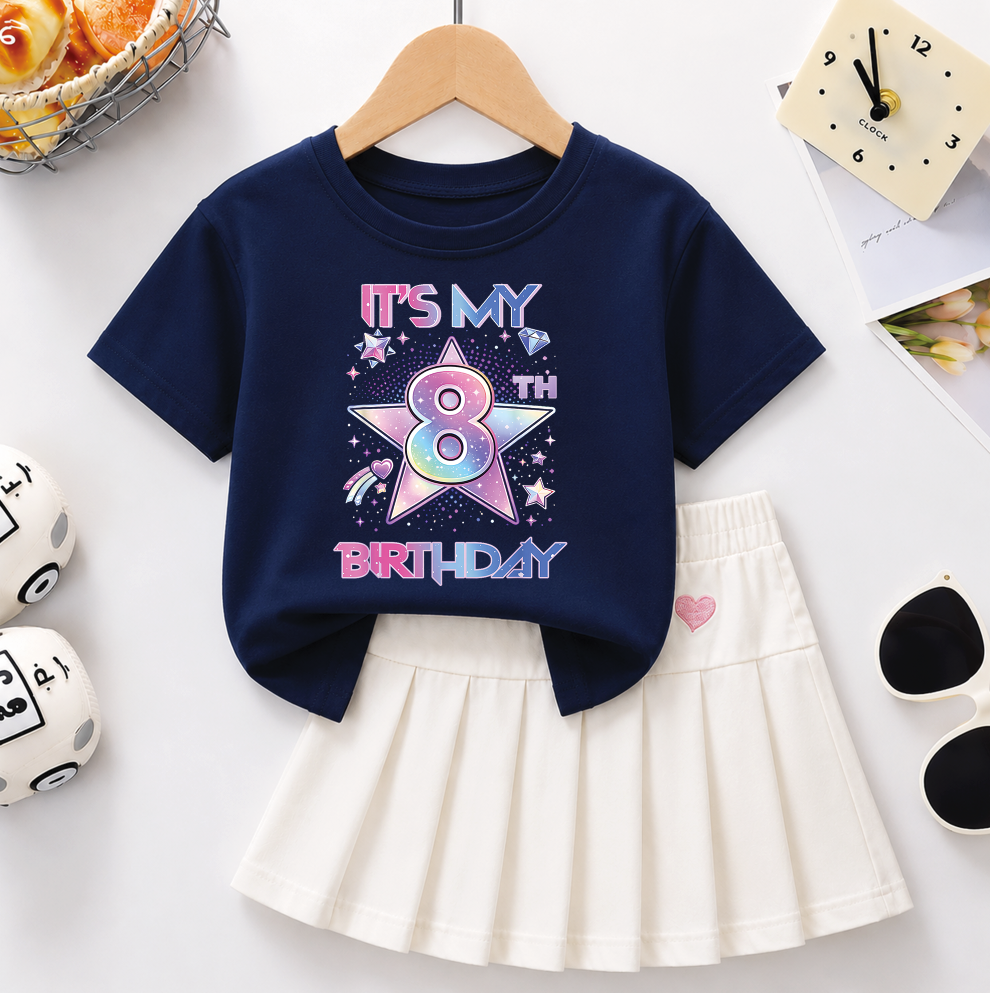 It's My 8th Birthday PNG, Cute Pastel Star Birthday Girl, Kids Birthday Shirt Design, Printable PNG Digital Download
