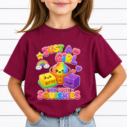 Just A Girl Who Loves Squishies PNG Sublimation Design - Cute Kawaii Rainbow Dumpling Butter Toy Kids Shirt Digital File (4500x5000px, 300 DPI Transparent PNG)