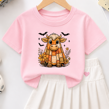 Cute Ghost Highland Cow PNG Sublimation Design - Floral Patchwork Sheet Ghost Halloween Digital File (4500x5000px, 300 DPI Transparent PNG)