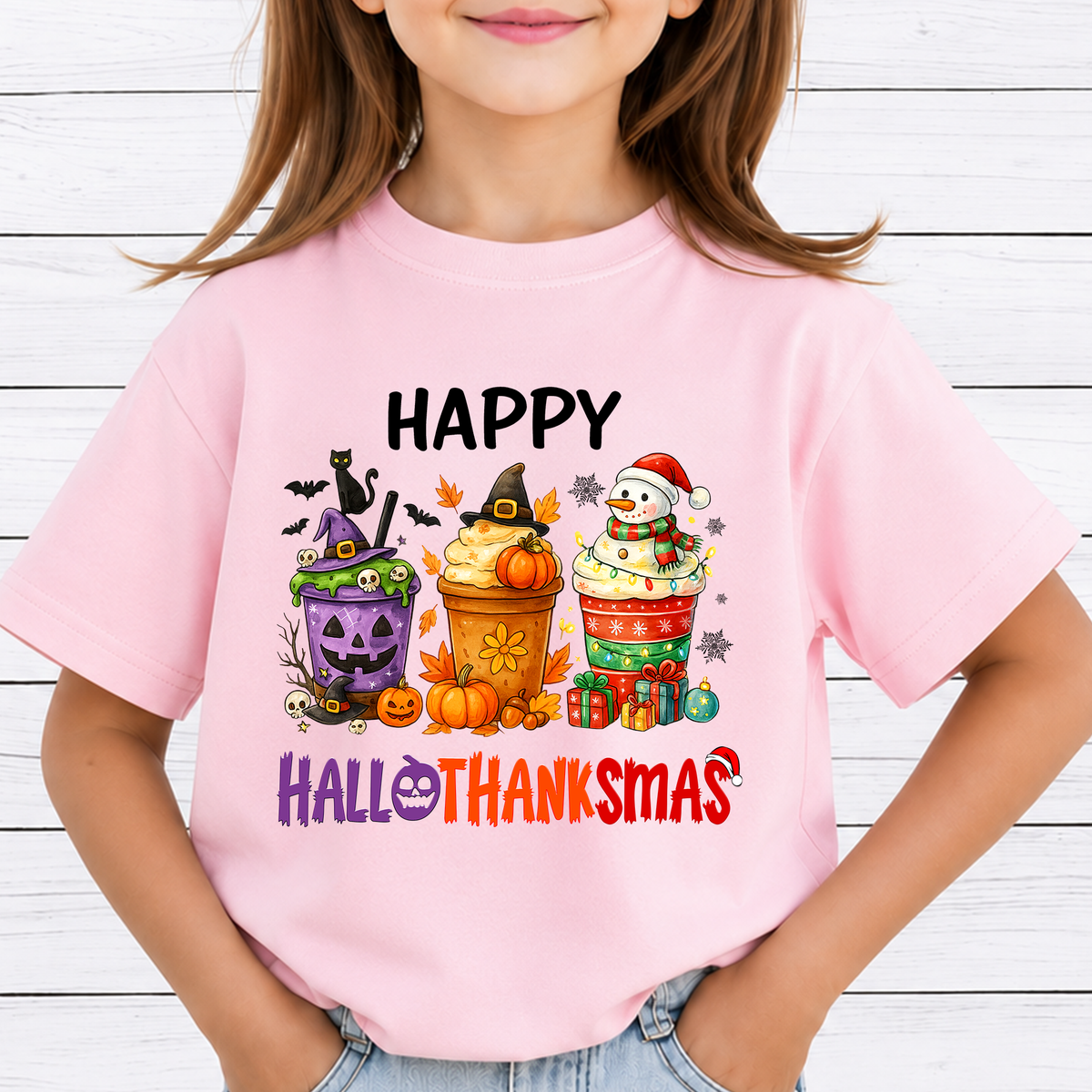 Hallothanksmas PNG Sublimation Design - Holiday Coffee Cups Halloween Thanksgiving Christmas Digital File (4500x5000px, 300 DPI Transparent PNG)