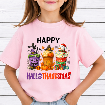 Hallothanksmas PNG Sublimation Design - Holiday Coffee Cups Halloween Thanksgiving Christmas Digital File (4500x5000px, 300 DPI Transparent PNG)