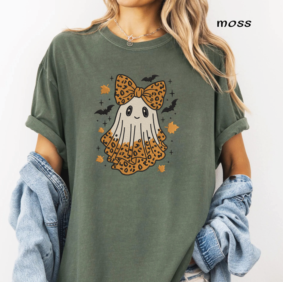 Cute Ghost with Leopard Bow Embroidery Design, Halloween Ghost Machine Embroidery File, Leopard Print Ghost, PES DST EXP JEF VP3 HUS XXX