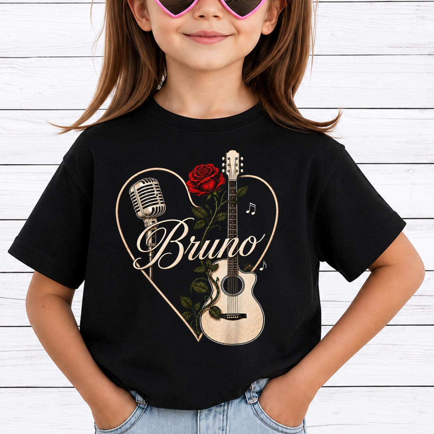 Bruno Concert PNG Sublimation Design - Vintage Acoustic Guitar Red Rose Microphone Heart Digital File (4500x5000px, 300 DPI Transparent PNG)