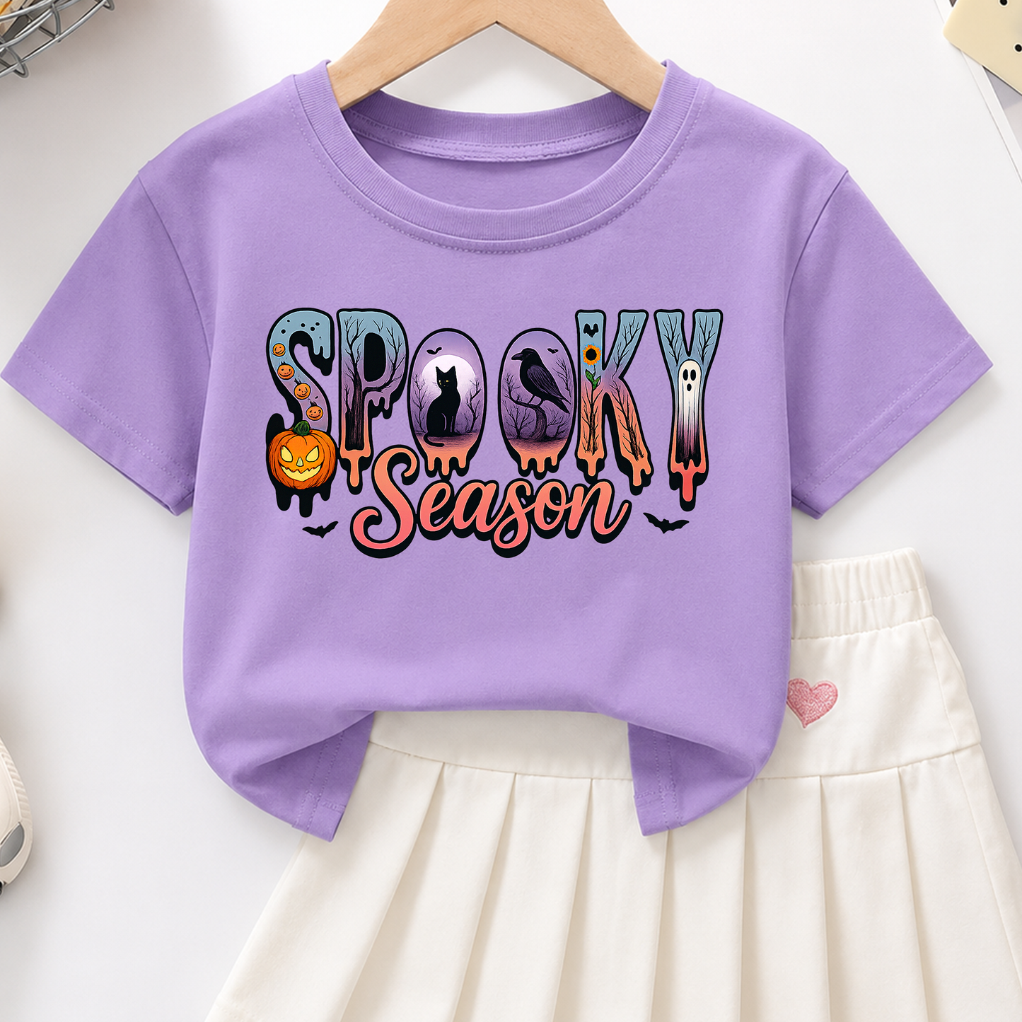 Spooky Season PNG Sublimation Design - Retro Halloween Shirt Digital Download - Ghost Pumpkin Black Cat Raven 300 DPI PNG File