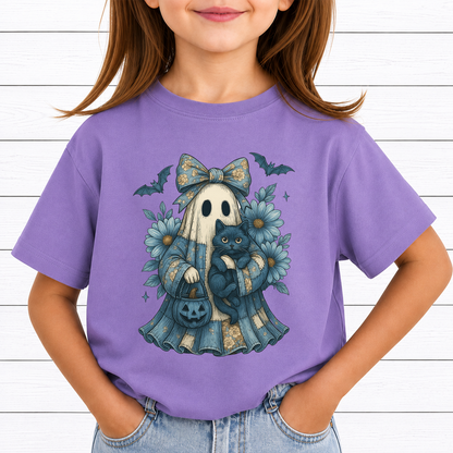 Blue Coquette Ghost PNG Sublimation Design - Vintage Floral Patchwork Sheet Ghost Black Cat Pumpkin Bucket Digital File (4500x5000px, 300 DPI Transparent PNG)