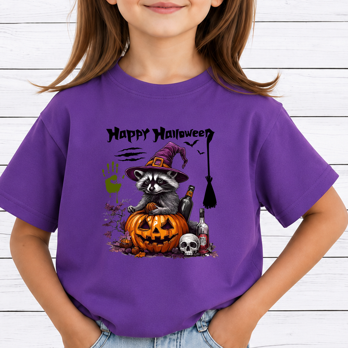 Witch Raccoon PNG Sublimation Design - Spooky Purple Hat Raccoon Pumpkin Wine Skull Digital File (4500x5000px, 300 DPI Transparent PNG)