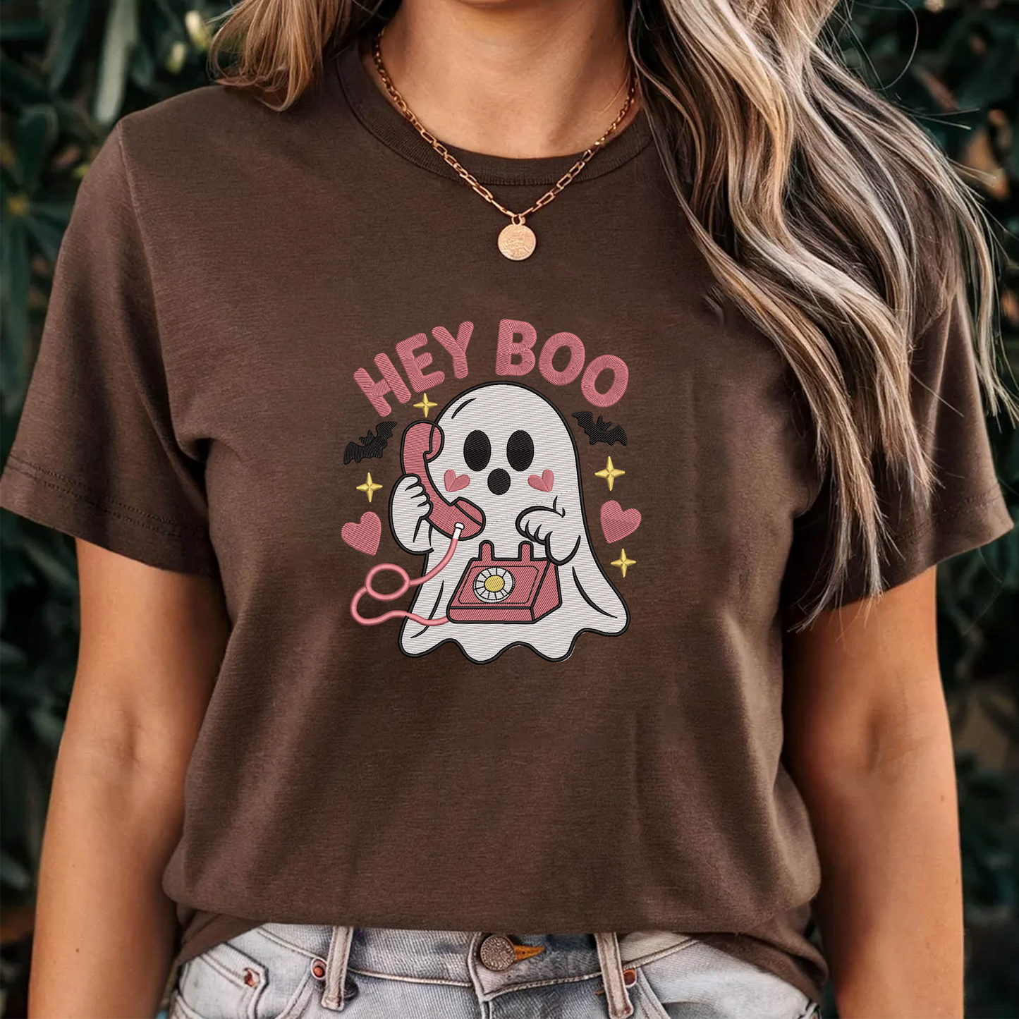 Hey Boo Ghost Embroidery Design, Cute Ghost with Pink Vintage Telephone Machine Embroidery File, Halloween, PES DST EXP JEF VP3 HUS XXX