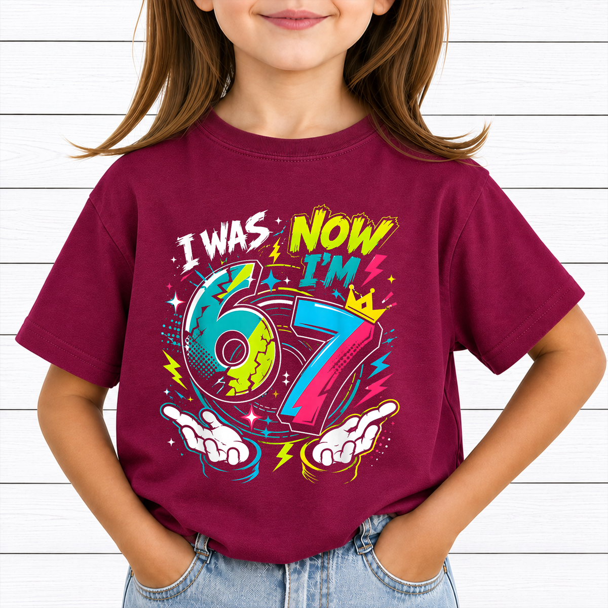 I Was 6 Now Im 7 PNG Sublimation Design - 7th Birthday Graffiti Pop Art Neon Kids Party Digital File (4500x5000px, 300 DPI Transparent PNG)