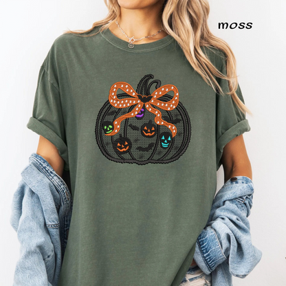 Spooky Lace Pumpkin with Bow Machine Embroidery Design - Colorful Neon Skull & Pumpkin Digital File (4in, 5in, 7in, 9in) - EMB, DST, JEF, EXP, PES, VP3, HUS, XXX