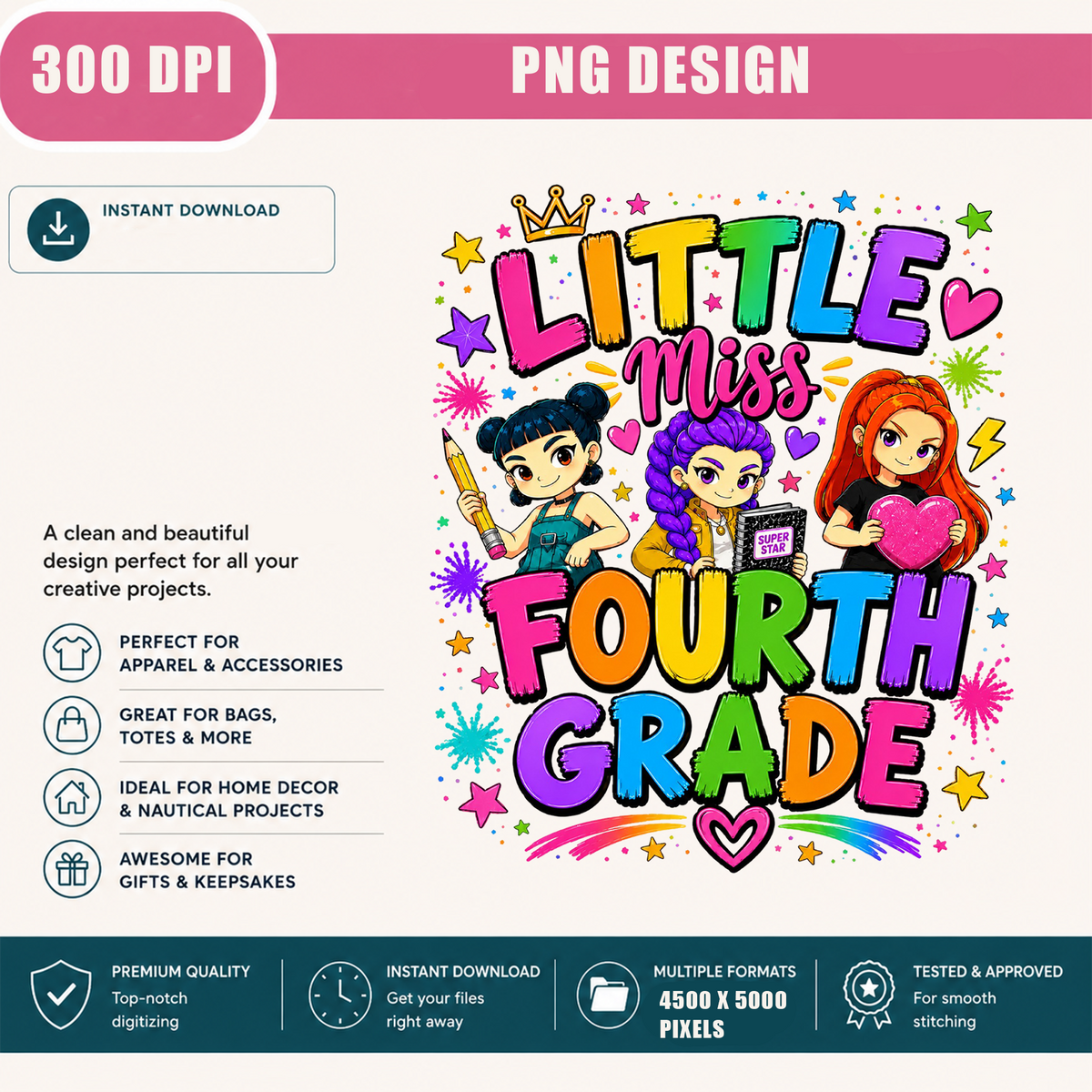 Fourth Grade Girl PNG | Cute Back to School Shirt Design | Colorful Student Sublimation Graphic | Instant Digital Download