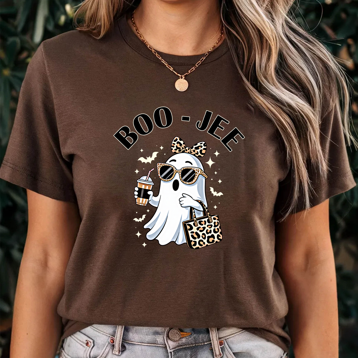 Boojee Ghost PNG Sublimation Design - Trendy Leopard Bow Iced Coffee Glasses Halloween Digital File (4500x5000px, 300 DPI Transparent PNG)