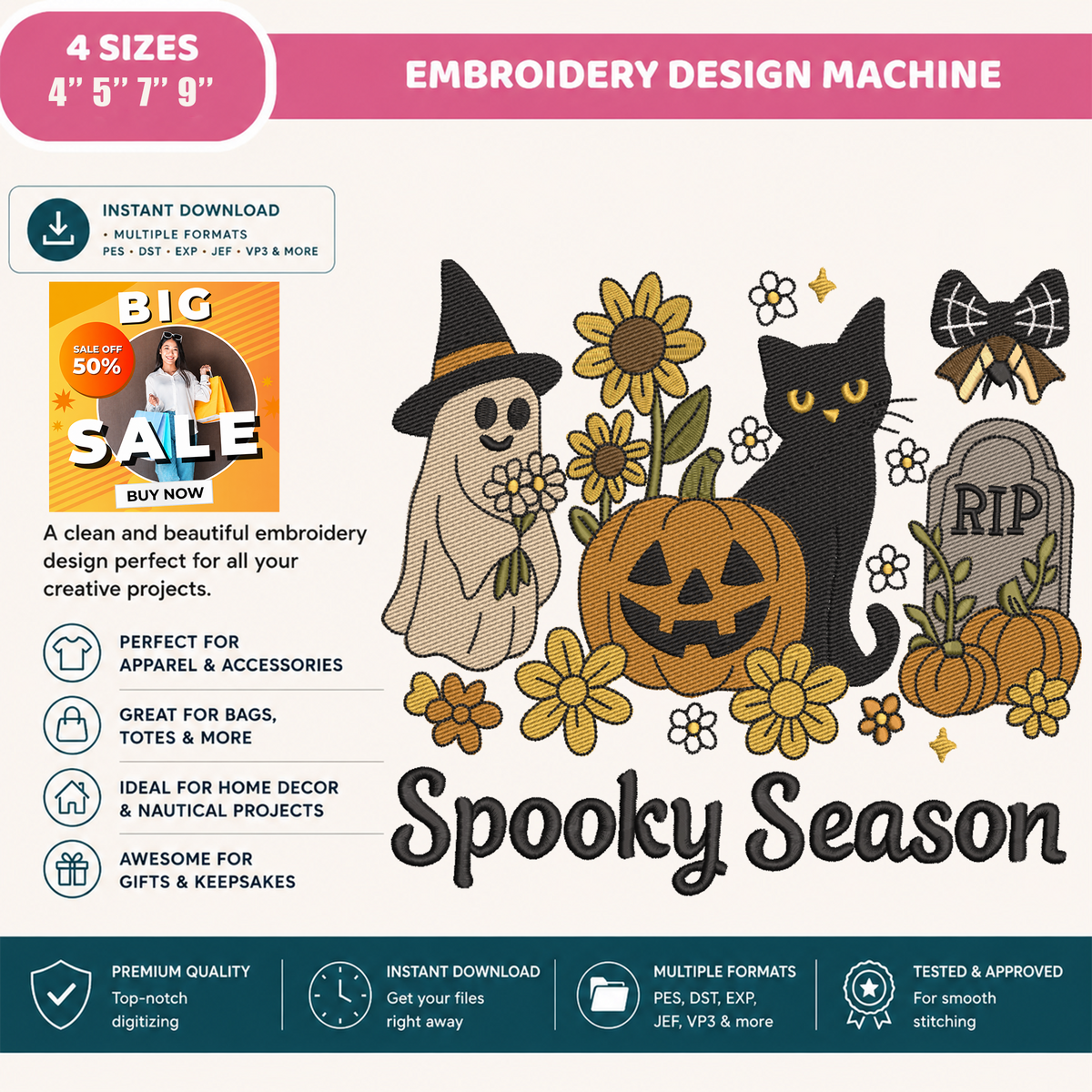 Spooky Season Machine Embroidery Design - Vintage Ghost Black Cat Sunflower Digital File (4in, 5in, 7in, 9in) - EMB, DST, JEF, EXP, PES, VP3, HUS, XXX