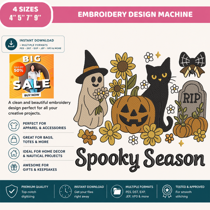 Spooky Season Machine Embroidery Design - Vintage Ghost Black Cat Sunflower Digital File (4in, 5in, 7in, 9in) - EMB, DST, JEF, EXP, PES, VP3, HUS, XXX