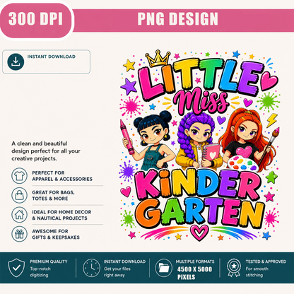 Kindergarten Girl PNG | Cute Back to School Shirt Design | Colorful Student Sublimation Graphic | Instant Digital Download