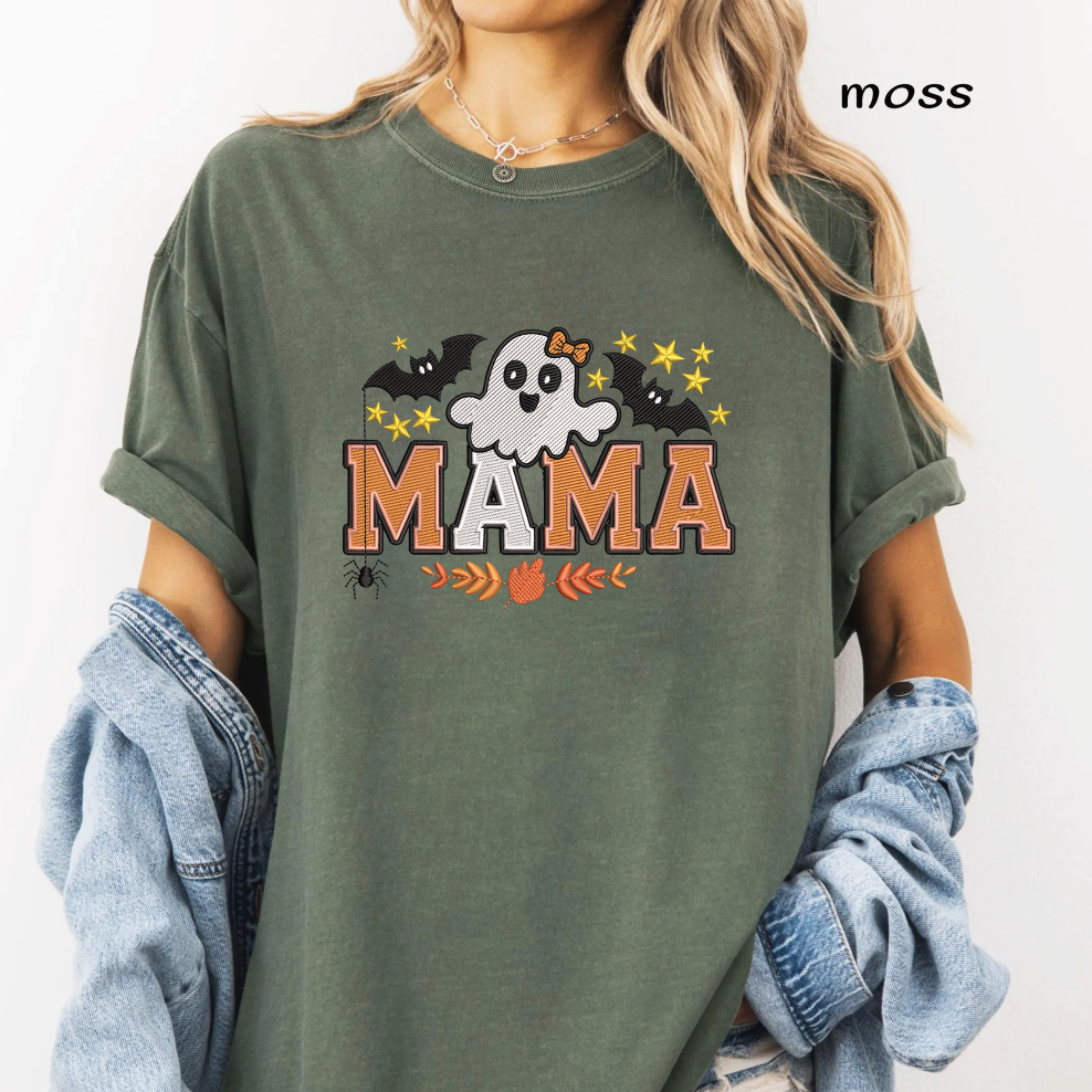 Halloween Mama Ghost Embroidery Design, Cute Mama Machine Embroidery File, Ghost with Bow, Bats & Fall Leaves, PES DST EXP JEF VP3 HUS XXX