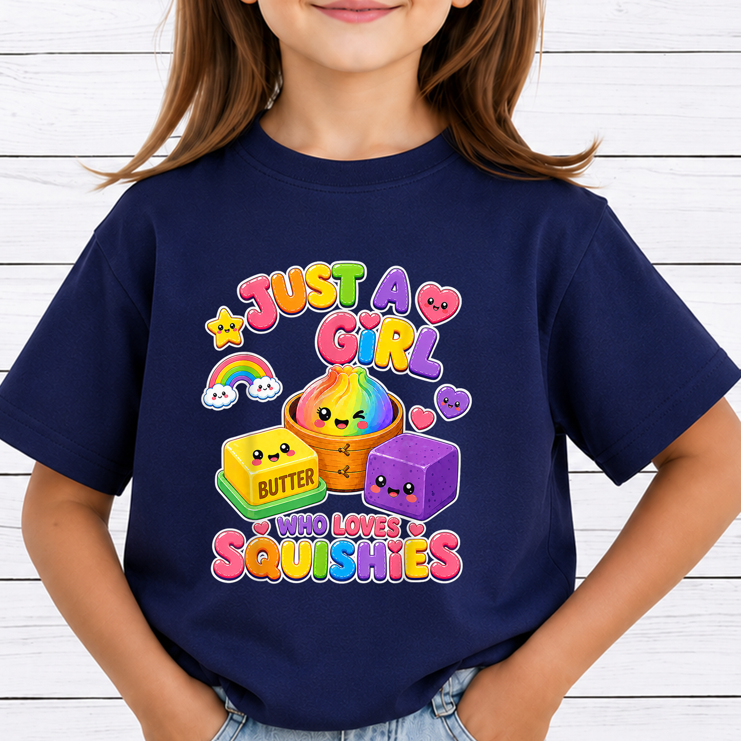 Just A Girl Who Loves Squishies PNG Sublimation Design - Cute Kawaii Rainbow Dumpling Butter Toy Kids Shirt Digital File (4500x5000px, 300 DPI Transparent PNG)