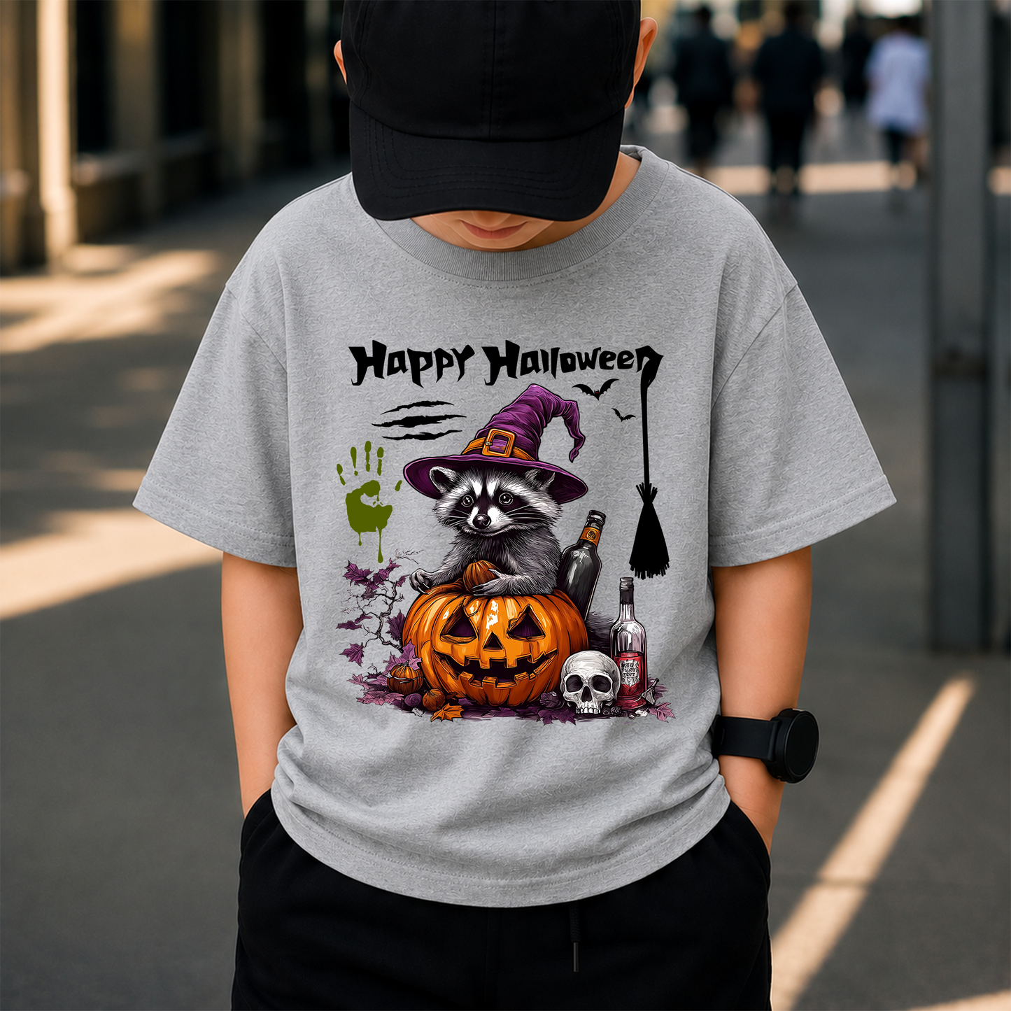 Witch Raccoon PNG Sublimation Design - Spooky Purple Hat Raccoon Pumpkin Wine Skull Digital File (4500x5000px, 300 DPI Transparent PNG)