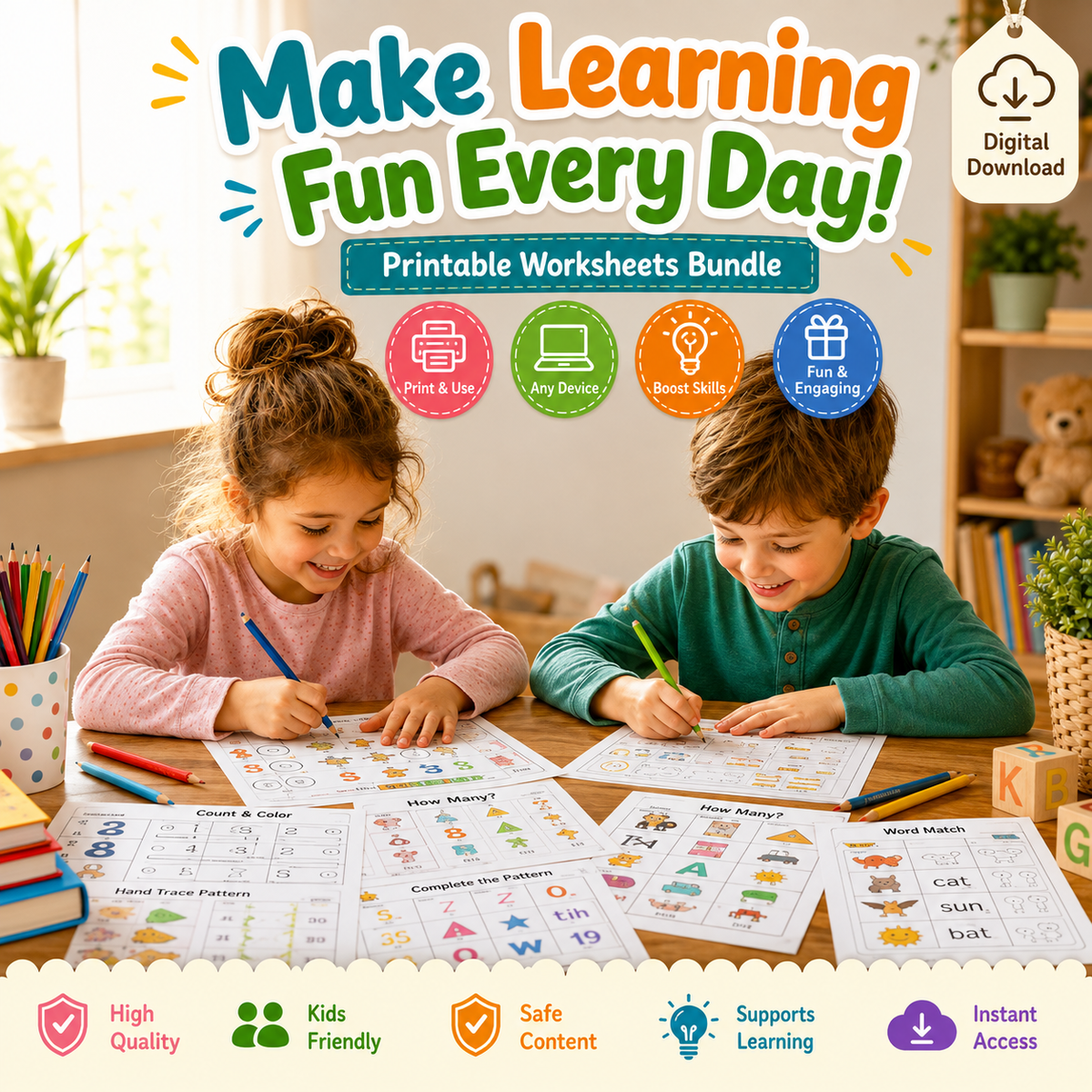 500,000+ Kids Educational Worksheets PDF Bundle - Alphabet, Math & Shapes - MRR & PLR Included