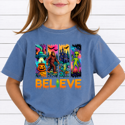 Believe Alien UFO PNG Sublimation Design - Psychedelic Retro Bigfoot Haunted Castle Pumpkin Halloween Digital File (4500x5000px, 300 DPI Transparent PNG)