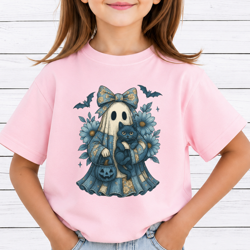 Blue Coquette Ghost PNG Sublimation Design - Vintage Floral Patchwork Sheet Ghost Black Cat Pumpkin Bucket Digital File (4500x5000px, 300 DPI Transparent PNG)
