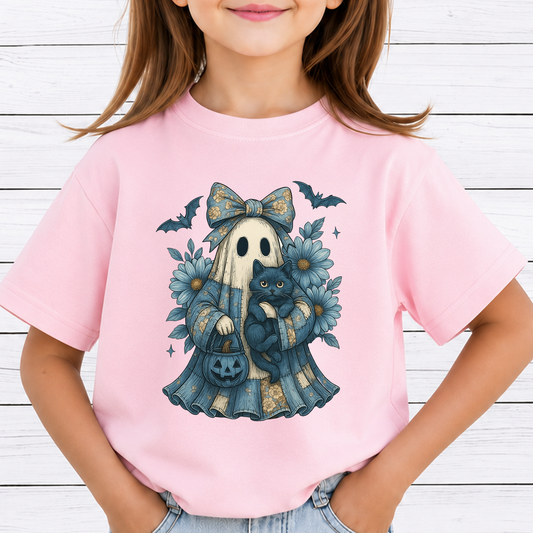 Blue Coquette Ghost PNG Sublimation Design - Vintage Floral Patchwork Sheet Ghost Black Cat Pumpkin Bucket Digital File (4500x5000px, 300 DPI Transparent PNG)