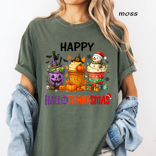 Hallothanksmas PNG Sublimation Design - Holiday Coffee Cups Halloween Thanksgiving Christmas Digital File (4500x5000px, 300 DPI Transparent PNG)