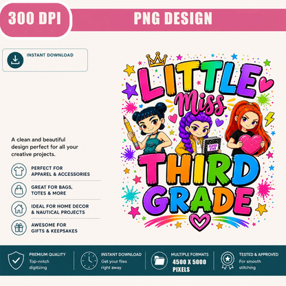 Cute Third Grade Girl PNG | Colorful Back to School Shirt Design | Kids Sublimation Graphic | Instant Digital Download