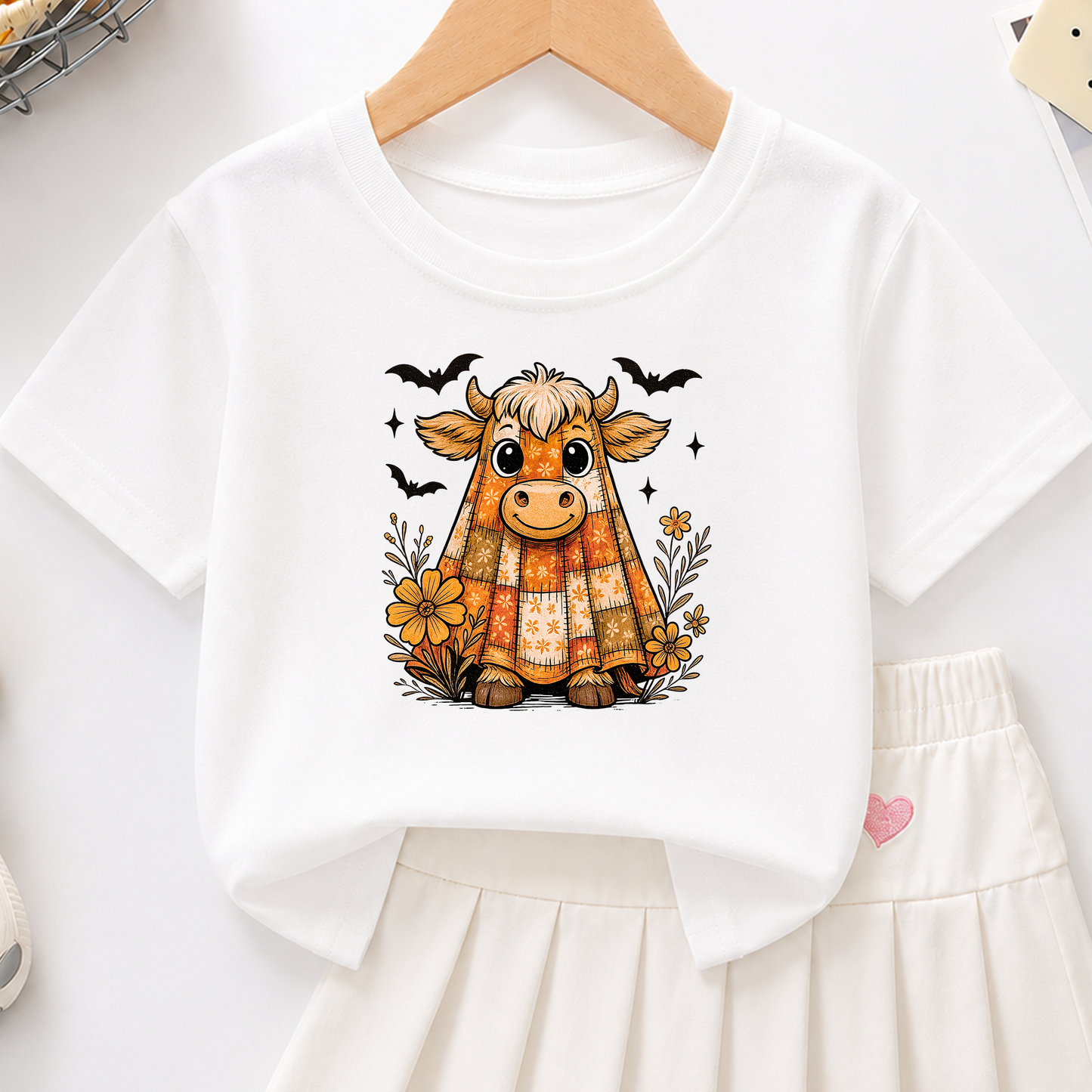 Cute Ghost Highland Cow PNG Sublimation Design - Floral Patchwork Sheet Ghost Halloween Digital File (4500x5000px, 300 DPI Transparent PNG)