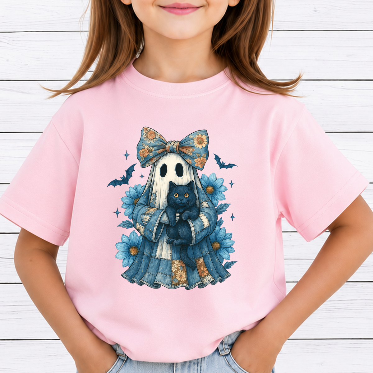 Blue Coquette Ghost PNG Sublimation Design - Vintage Floral Patchwork Sheet Ghost Black Cat Daisy Digital File (4500x5000px, 300 DPI Transparent PNG)