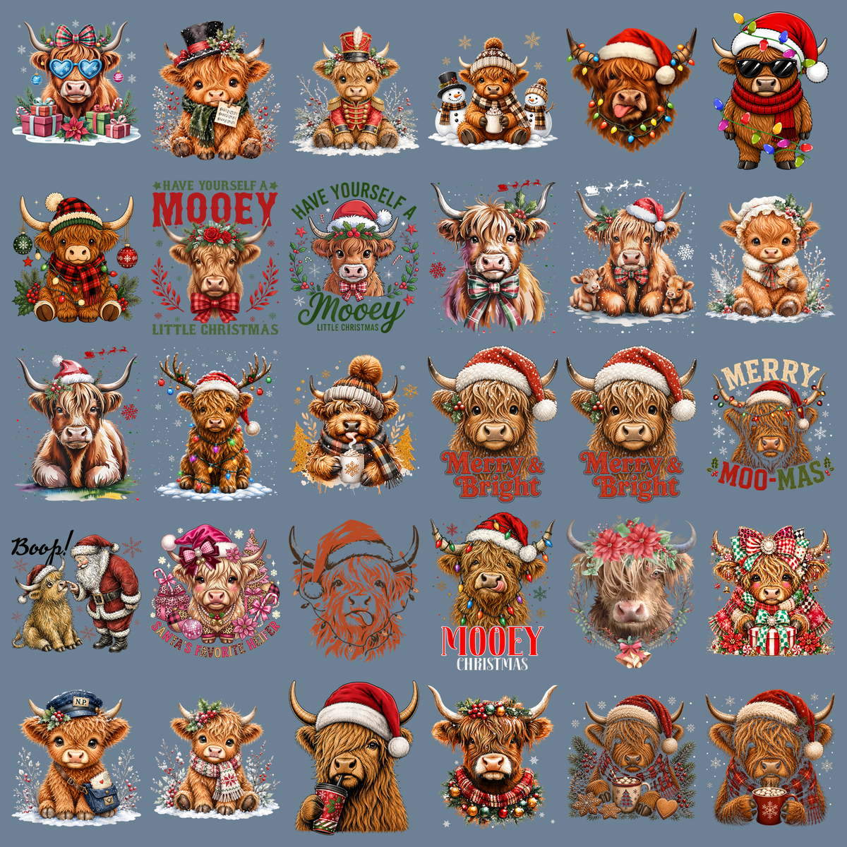 Highland Cow Christmas PNG Bundle, Cute Christmas Cow Clipart, Merry Moo-mas Sublimation Designs, Coquette Bow Baby Cow PNG, Holiday Farmhouse Sublimation, High Resolution 300 DPI Transparent PNG Digital Download