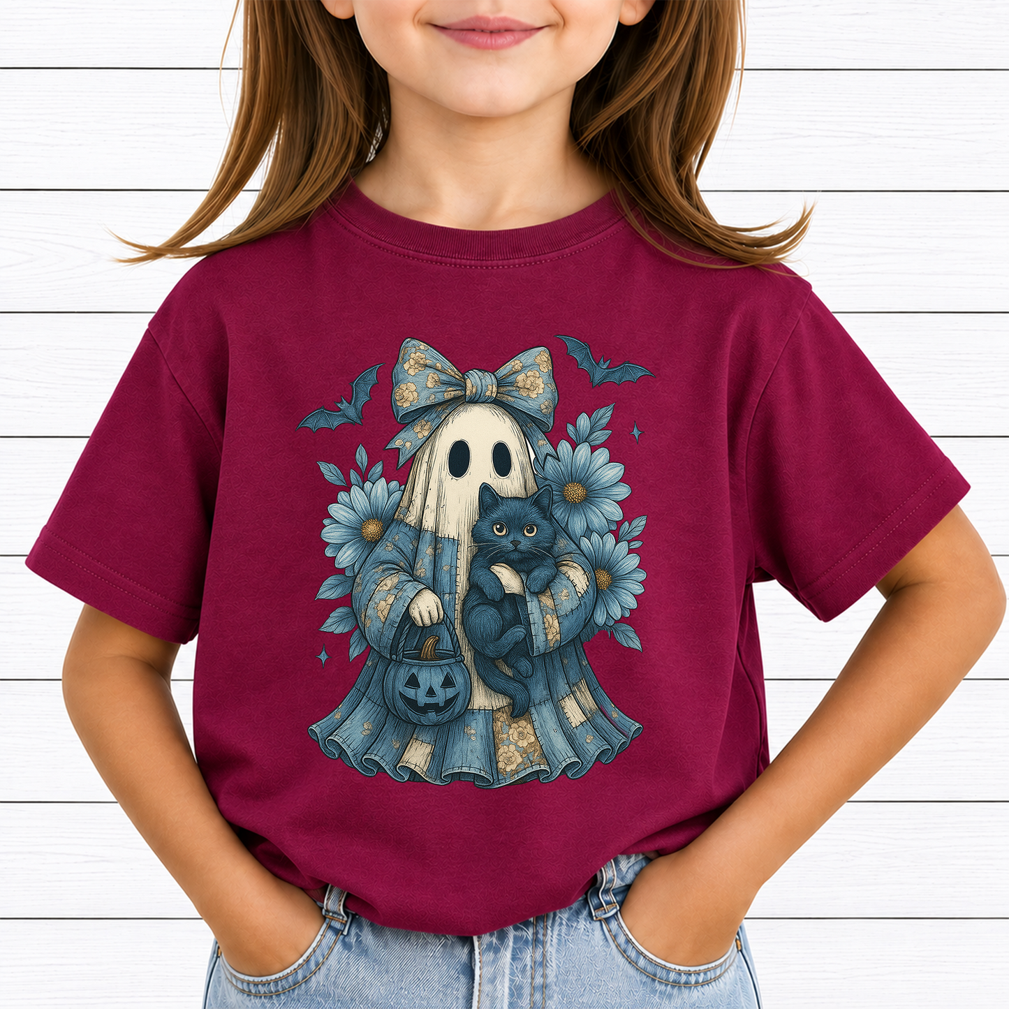 Blue Coquette Ghost PNG Sublimation Design - Vintage Floral Patchwork Sheet Ghost Black Cat Pumpkin Bucket Digital File (4500x5000px, 300 DPI Transparent PNG)