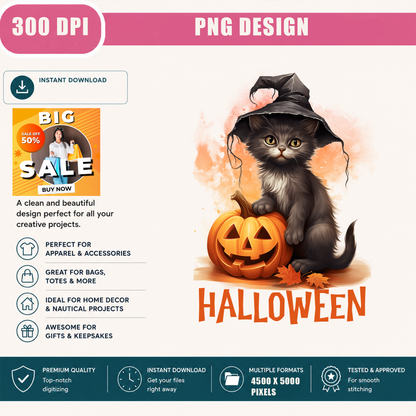 Cute Cat Halloween PNG Sublimation Design - Spooky Cat Mom Witch Kitten Pumpkin Digital File (4500x5000px, 300 DPI Transparent PNG)