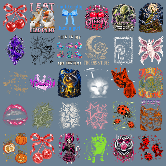 Trending Aesthetic PNG Bundle 30 Designs - Coquette Cherry Bow Im Literally Just A Girl Unhinged Goose Meme Y2K Stars Alien Cat Sublimation Digital File (4500x5000px, 300 DPI Transparent PNG)