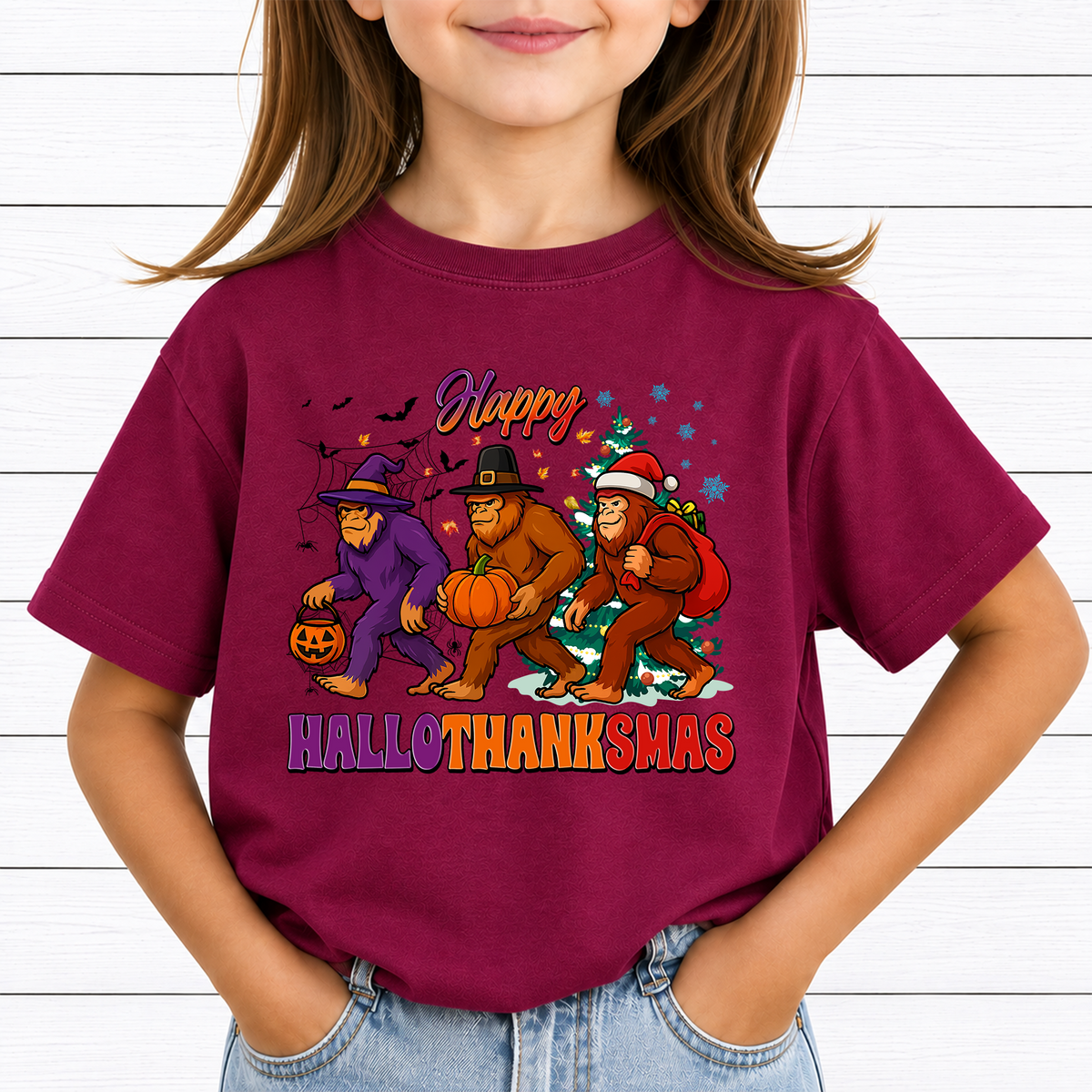 Bigfoot Hallothanksmas PNG Sublimation Design - Happy Hallothanksmas Sasquatch Halloween Thanksgiving Christmas Digital File (4500x5000px, 300 DPI Transparent PNG)