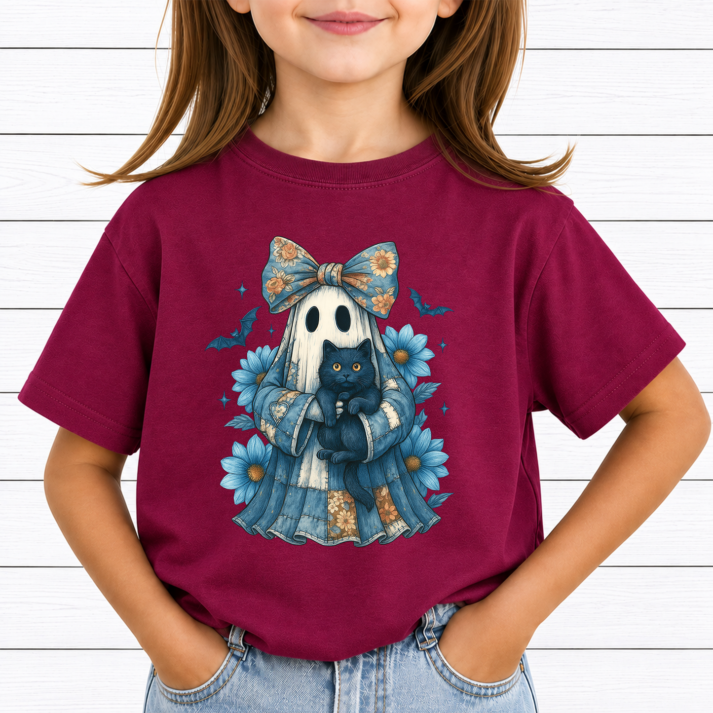Blue Coquette Ghost PNG Sublimation Design - Vintage Floral Patchwork Sheet Ghost Black Cat Daisy Digital File (4500x5000px, 300 DPI Transparent PNG)
