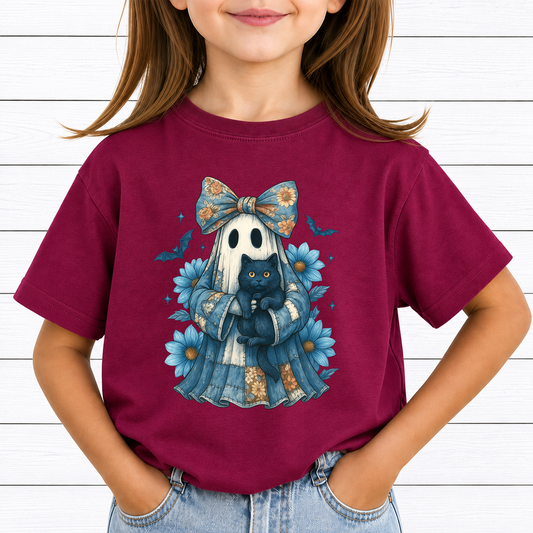 Blue Coquette Ghost PNG Sublimation Design - Vintage Floral Patchwork Sheet Ghost Black Cat Daisy Digital File (4500x5000px, 300 DPI Transparent PNG)