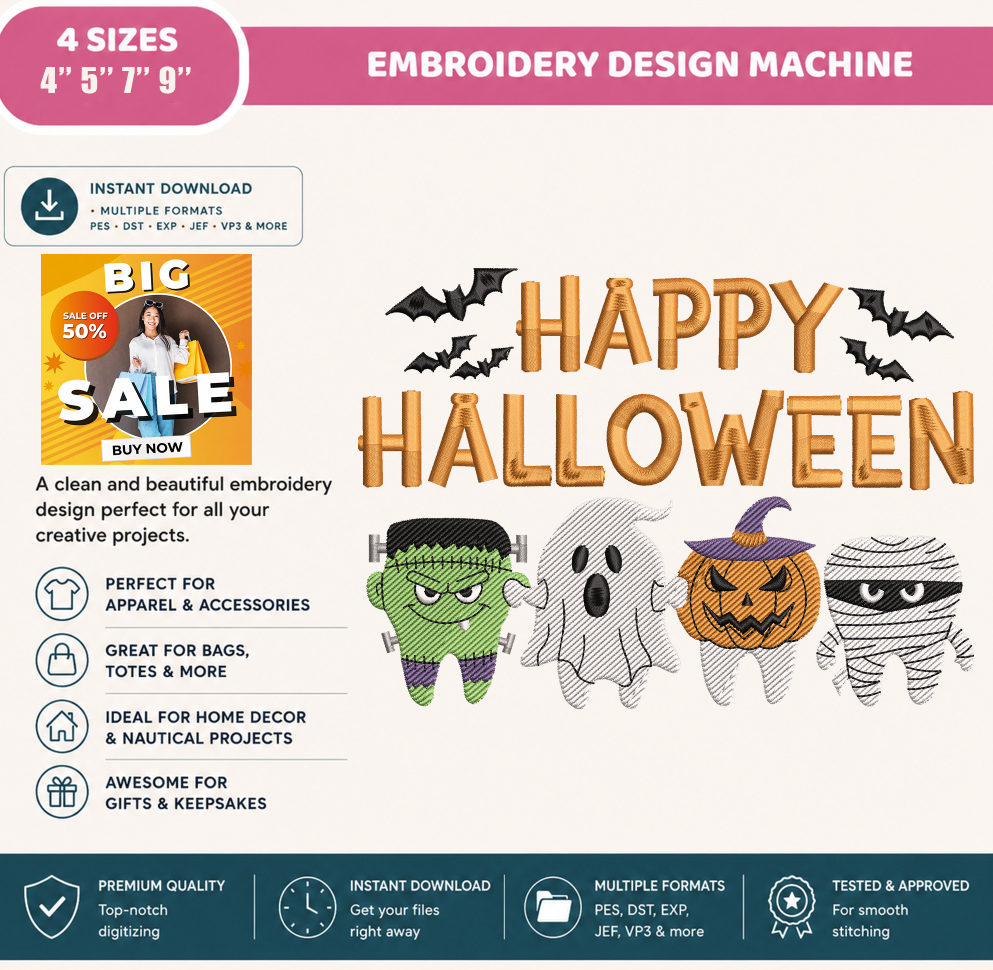 Happy Halloween Monsters Embroidery Design, Cute Frankenstein Ghost Pumpkin & Mummy Machine Embroidery File, PES DST EXP JEF VP3 HUS XXX