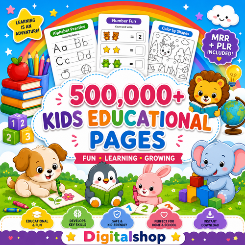 500,000+ Kids Educational Worksheets PDF Bundle - Alphabet, Math & Shapes - MRR & PLR Included