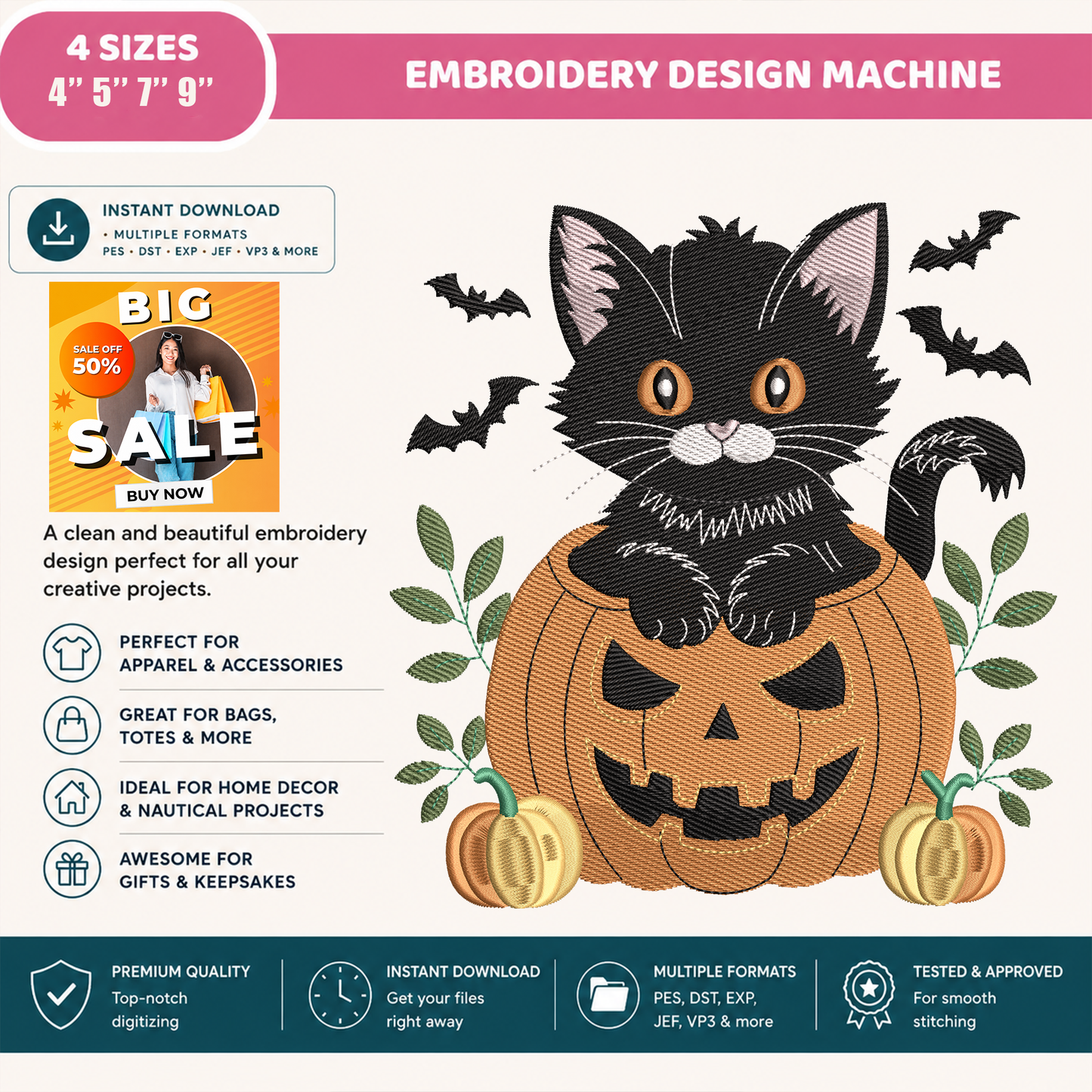 Black Cat in Pumpkin Machine Embroidery Design - Cute Halloween Spooky Pet Digital File (4in, 5in, 7in, 9in) - EMB, DST, JEF, EXP, PES, VP3, HUS, XXX