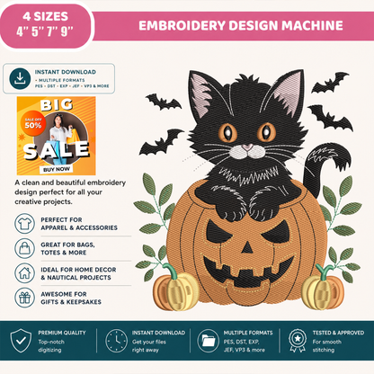 Black Cat in Pumpkin Machine Embroidery Design - Cute Halloween Spooky Pet Digital File (4in, 5in, 7in, 9in) - EMB, DST, JEF, EXP, PES, VP3, HUS, XXX