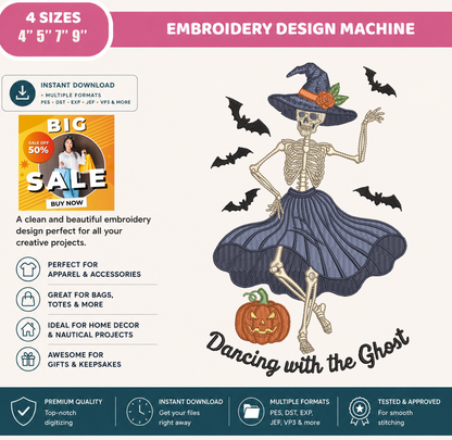 Dancing with the Ghost Skeleton Witch Embroidery Design, Halloween Skeleton Lady Machine Embroidery File, Pumpkin, PES DST EXP JEF VP3 HUS XXX