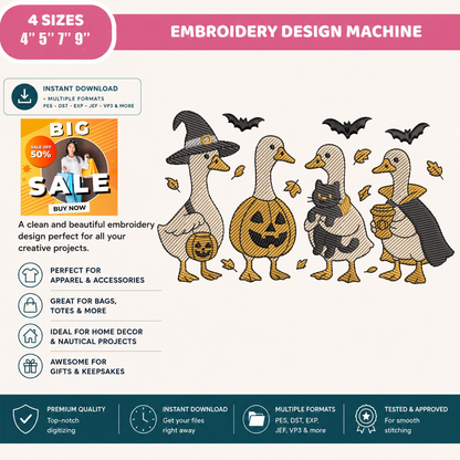 Silly Goose Halloween Costumes Machine Embroidery Design - Vintage Geese Witch Pumpkin Cat Digital File (4in, 5in, 7in, 9in) - EMB, DST, JEF, EXP, PES, VP3, HUS, XXX