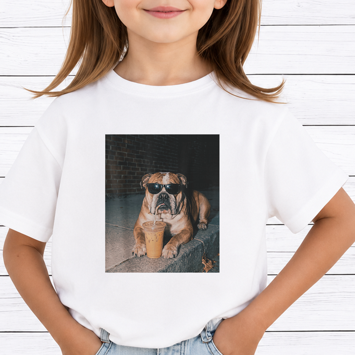 Cool English Bulldog Drinking Iced Coffee PNG Sublimation Design - Dog Lover Sunglasses Streetwear Digital File (4500x5000px, 300 DPI Transparent PNG)