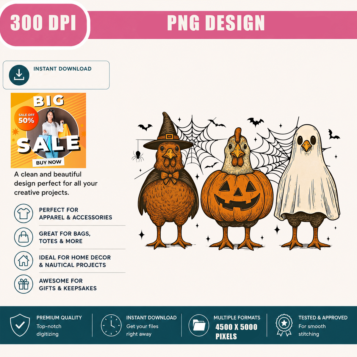 Halloween Chickens Trio PNG Sublimation Design - Spooky Chicken Mom Witch Ghost Pumpkin Digital File (4500x5000px, 300 DPI Transparent PNG)