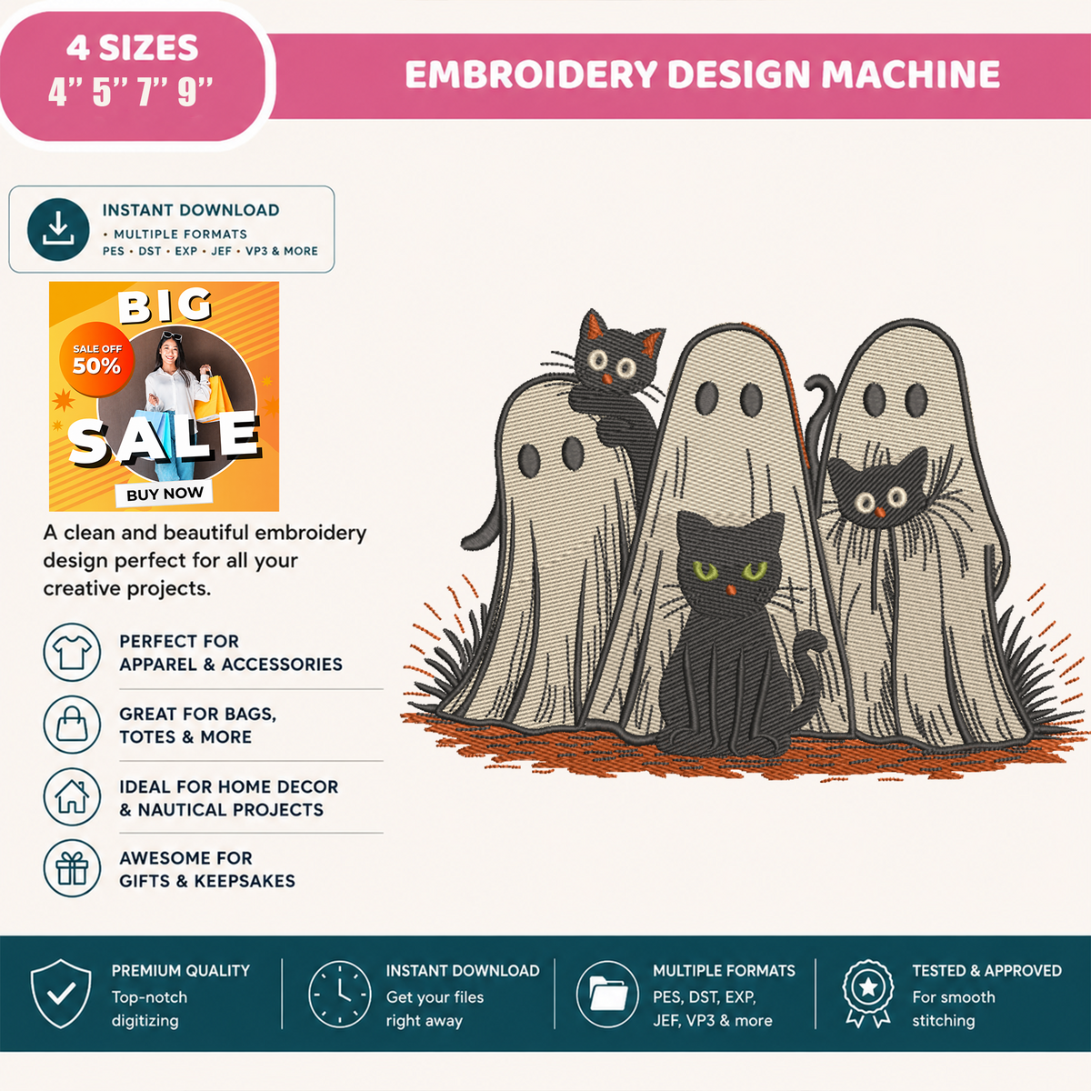 Ghosts and Black Cats Trio Machine Embroidery Design - Spooky Cute Sheet Ghosts Digital File (4in, 5in, 7in, 9in) - EMB, DST, JEF, EXP, PES, VP3, HUS, XXX