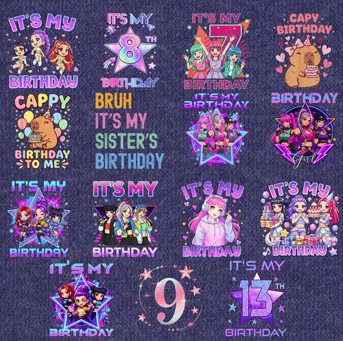 15 + Birthday PNG Bundle, Cute Kawaii Birthday Shirt Designs, Kids Birthday Party Sublimation Collection, Printable Digital Download