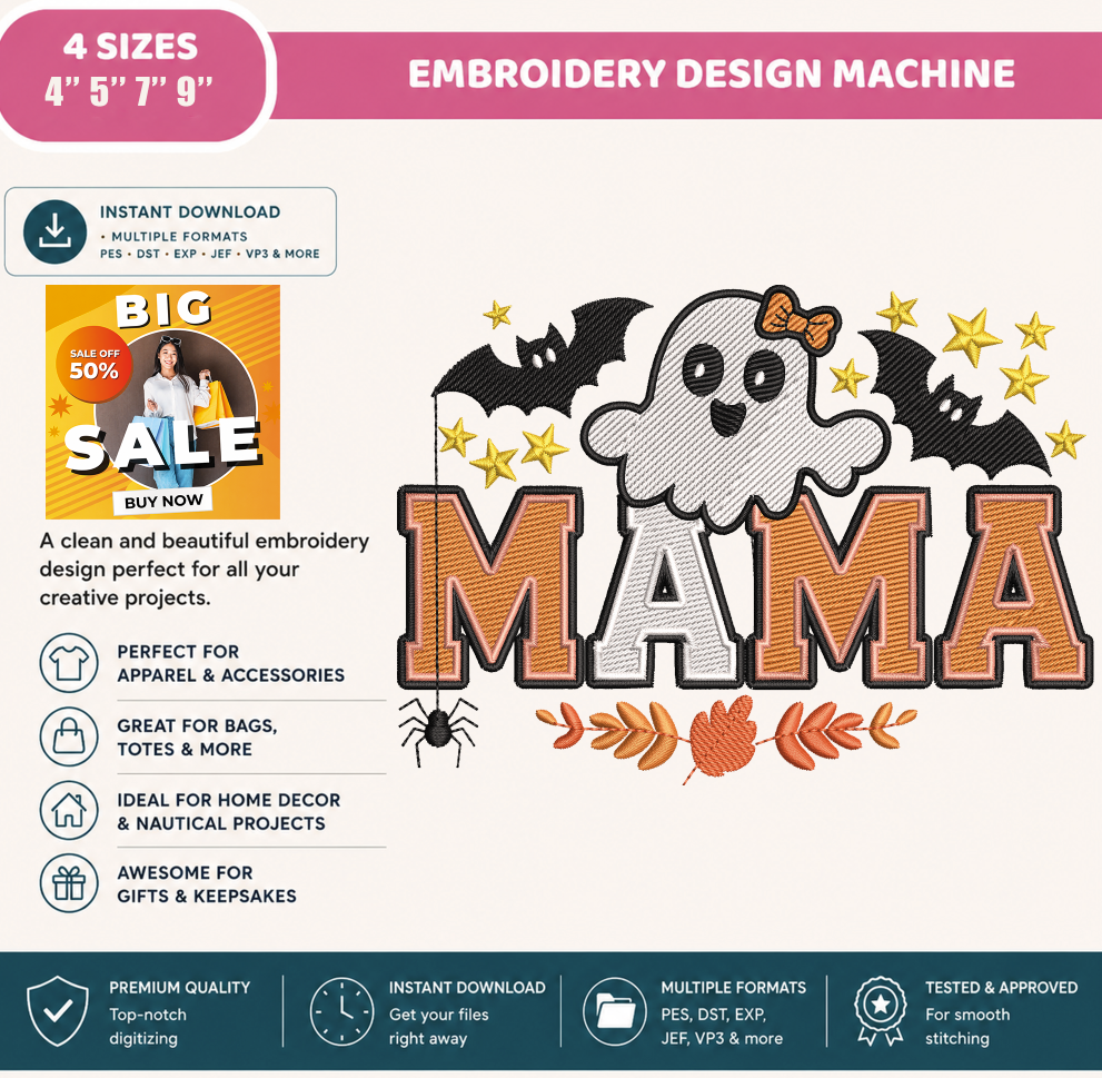 Halloween Mama Ghost Embroidery Design, Cute Mama Machine Embroidery File, Ghost with Bow, Bats & Fall Leaves, PES DST EXP JEF VP3 HUS XXX