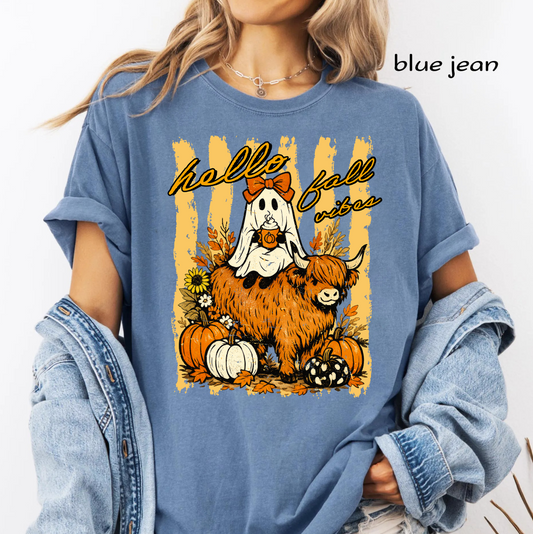 Hello Fall Vibes PNG, Cute Ghost Highland Cow PNG, Pumpkin Autumn Sublimation Design, Fall Halloween Shirt PNG Digital Download